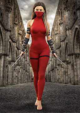 Portrait of a masked fantasy female known as the mysterious red assassin , walking through the inner ruin streets and equipped with two sai's. 3d rendering

