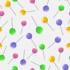 Seamless pattern featuring colorful sweet lollipops. Round candies. Vector illustration.