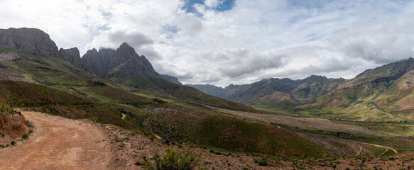 Panoramic view of scenic mountains and valleys in Jonkershoek nature reserve, Western Cape, South Africa.