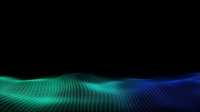 Futuristic technology wave. Digital cyberspace. Abstract wave with moving particles on a colors background. Big data analytics. 3d rendering.