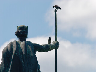 Close-up photo of King Tomislav's statue on King Tomislav's Square with the cloudy sky in the background, Zagreb, Croatia