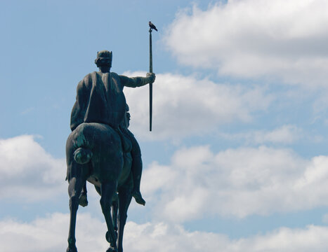 King Tomislav's statue on King Tomislav's Square with the cloudy sky in the background, Zagreb, Croatia