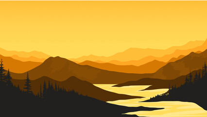 Mountain forest landscape vector illustration, orange gradient mountain silhouette.