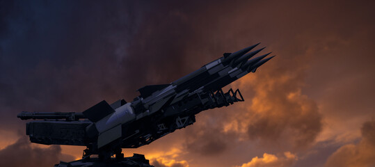Silhouette of air defense missiles against dramatic sky