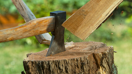 Freeze motion of chopping wooden logs with axe.