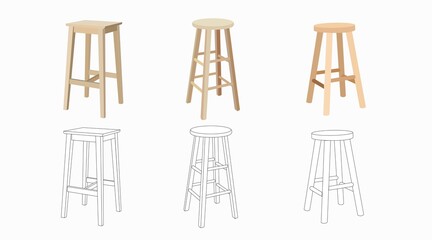 Vector isolated Wooden Stools Set, Vector illustration set of different stools