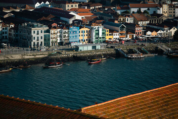 View of the Vila Nova de Gaia waterfront in Porto, Portugal.