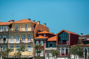 Facades of residential buildings in the center of Viana do Castelo, Portugal.