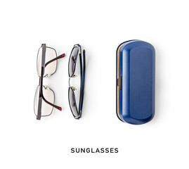 Glasses and blue case on white background.