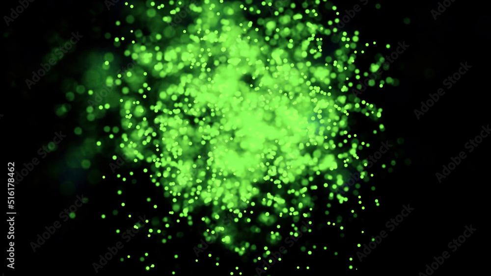 Poster animation of flying flickering particles form a heart sign or like symbol on dark background with ea