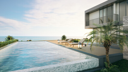 Luxury beach house with sea view swimming pool and terrace in modern design. Lounge chairs on wooden floor deck at vacation home or hotel. 3d illustration of contemporary holiday villa exterior.