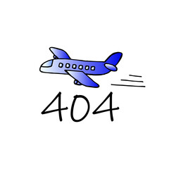 Error 404 hand drawn blue airplane page web gradient. Not found, system, updates, downloads, operations, installers. System maintenance. Flat vector illustration of modern character