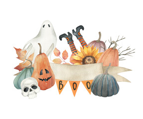 Watercolor halloween banner. Hand painted background with  ghost, legs, scull,  pumpkins, sunflower. Holiday frame