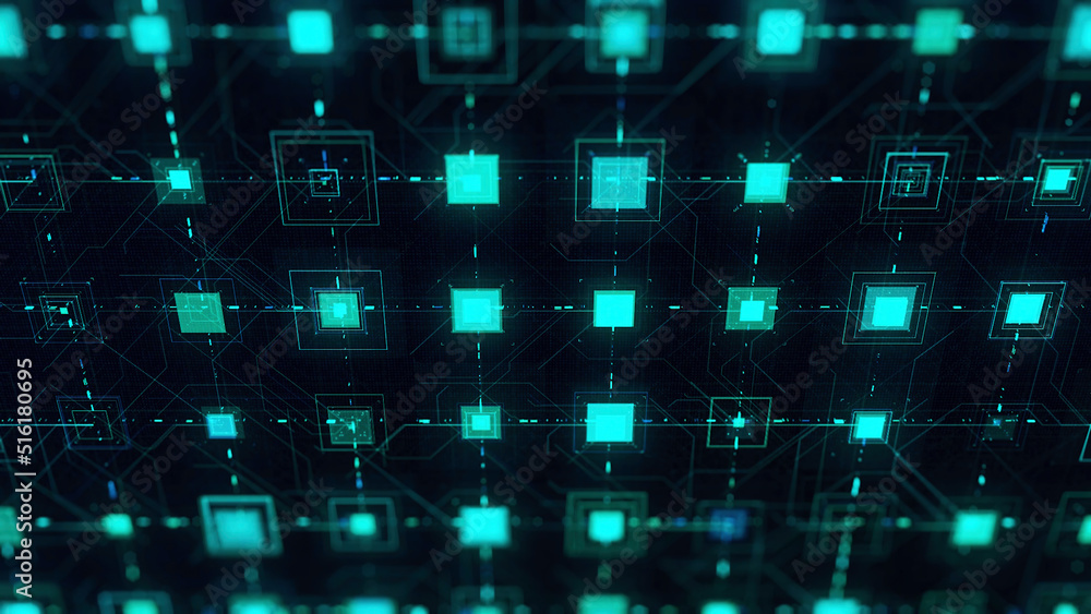 Poster abstract computer chip or circuit board background. animation. blue moving signals on black backgrou