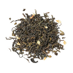 Heap of dried Chinese Jasmine tea leaves close up isolated on white background