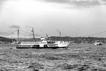 The ferry goes through the Bosphorus Strait. Istanbul, Turkey.