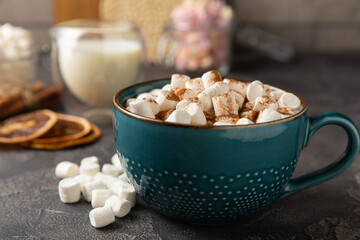 Cup of tasty cocoa drink and marshmallows in blue cup.Spices and marshmallows for winter drinks on black texture table.Winter hot drink.Hot chocolate with marshmallow and spices.Copy space.
