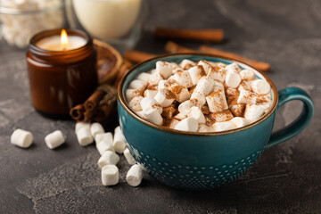 Cup of tasty cocoa drink and marshmallows in blue cup.Spices and marshmallows for winter drinks on black texture table.Winter hot drink.Hot chocolate with marshmallow and spices.Copy space.