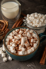 Cup of tasty cocoa drink and marshmallows in blue cup.Spices and marshmallows for winter drinks on black texture table.Winter hot drink.Hot chocolate with marshmallow and spices.Copy space.