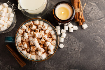 Cup of tasty cocoa drink and marshmallows in blue cup.Spices and marshmallows for winter drinks on black texture table.Winter hot drink.Hot chocolate with marshmallow and spices.Copy space.