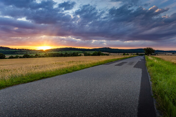 Naklejka premium Road in rye fields. Summer evening. Sunset sky.