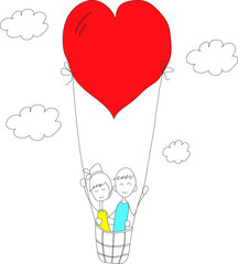 A couple in love flies in the clouds in a heart-shaped balloon.