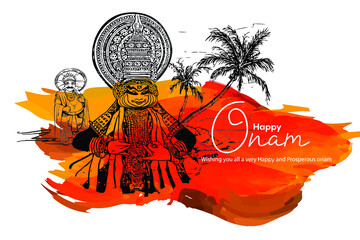 Happy onam Kathakali dancer face background for traditional festival of Kerala