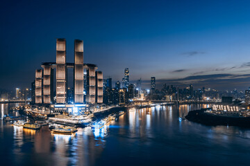 Naklejka premium High angle night view of Chaotianmen Wharf in Chongqing, China