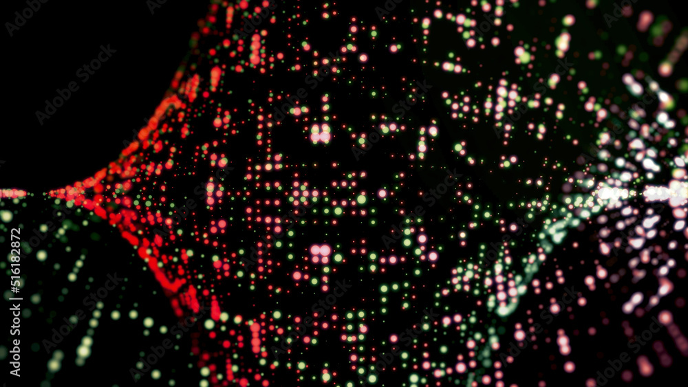 Poster red and green glitter moving texture, blinking sparkles and dots on black background, seamless loop.