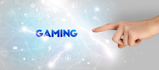 Hand pointing at inscription concept