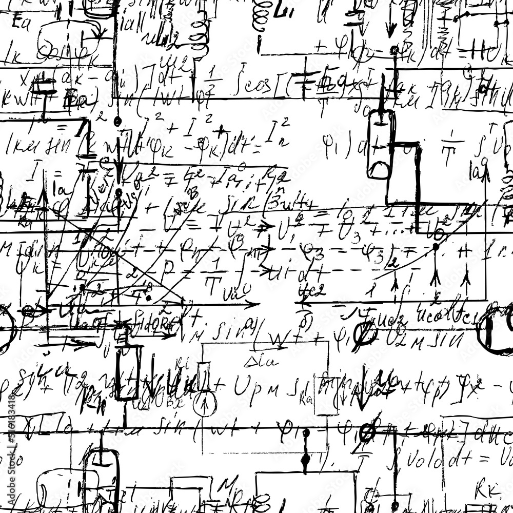 Poster math seamless board with handwritten mathematical and physics formulas and proves. vector