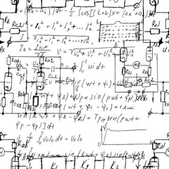 Scientific seamless texture with handwritten formulas and electronic components. Physics and schematic diagram and circuit of  the devices. Vector.