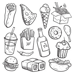 Fast food doodle set. Vector illustration isolated on white background.