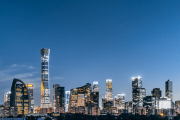 High angle night view of CBD buildings in Beijing, China