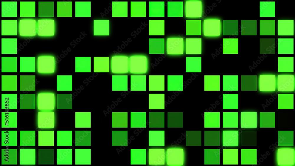 Poster green motion abstract background with colorful pixels flashing and switching on black background, se