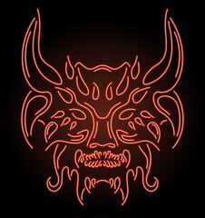 Line art with neon red shiny demon head