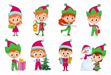 Obraz na płótnie Canvas Set of cute kids in elves and Santa costumes isolated on white background. Collection of Christmas and New Year characters with gifts, Christmas tree and a snowman. Cartoon style vector illustration.