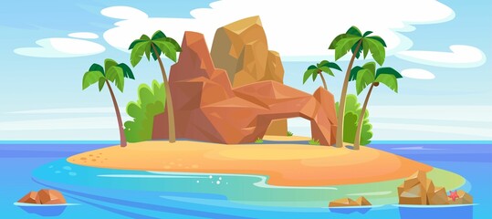 Uninhabited tropical island in the ocean with palms and paradise beach. Landscape background with a rocky mountain, green coconut trees, a sandy shore and blue water. Cartoon style vector illustration - obrazy, fototapety, plakaty