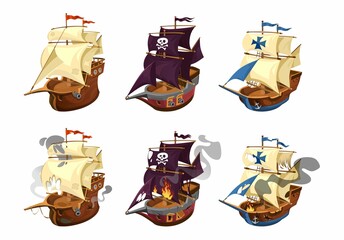 Set of old wooden ships with different flags. Pirate vessels and battleships with cannons and skulls on black sails. Broken ships in a fire on white background. Cartoon style vector illustration.