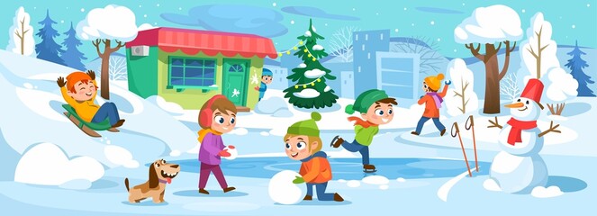 Winter background with children playing outside in a city park. Christmas landscape: happy kids with a dog make a snowman, skate, ski, sled and throw snowballs. Cartoon style vector illustration.