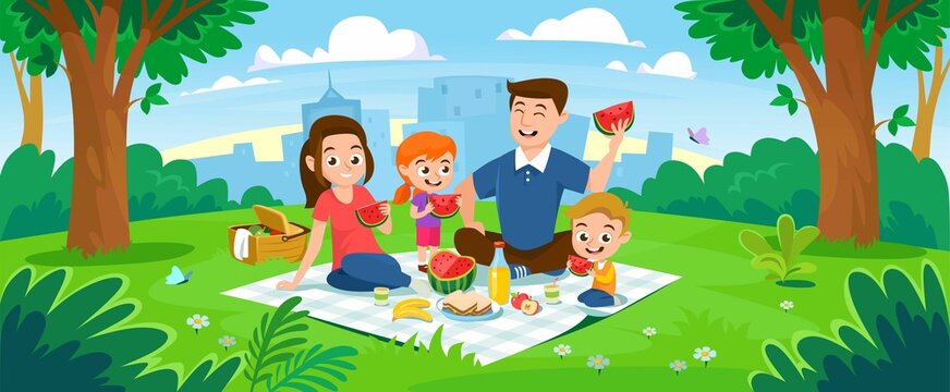 Happy family enjoying a picnic in a park. Mod, dad, son and daughter sitting on a blanket on the grass and eating. Parents and children spend time together in nature. Cartoon style vector illustration