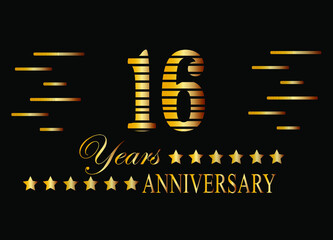 16 Years anniversary logo golden colored isolated on black background. Vector for special date and birthday.