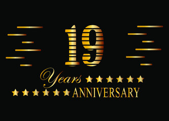 19 Years anniversary logo golden colored isolated on black background. Vector for special date and birthday.