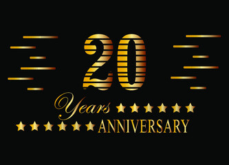 20 Years anniversary logo golden colored isolated on black background. Vector for special date and birthday.