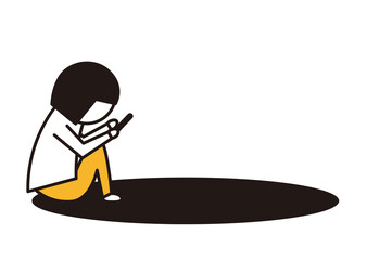 座ってスマホを見る少女と影_線画イラスト_黒と黄色