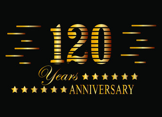120 Years anniversary logo golden colored isolated on black background. Vector for special date and birthday.