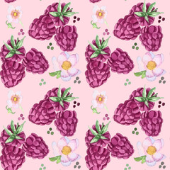 Watercolor hand drawing, vector, pattern, background, wallpaper, seamless, raspberry, flowers, dots, blobs, leaves, berry