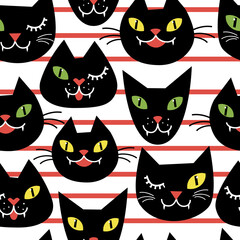 Seamless pattern with cute black cats. Funny Halloween background 