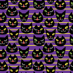 Seamless pattern with cute black cats. Funny Halloween background 