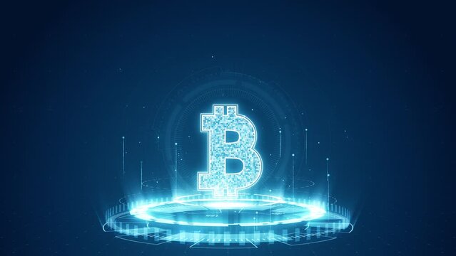 Motion graphic of Blue digital money logo with futuristic technology circle rotation and levitation particle on abstract background